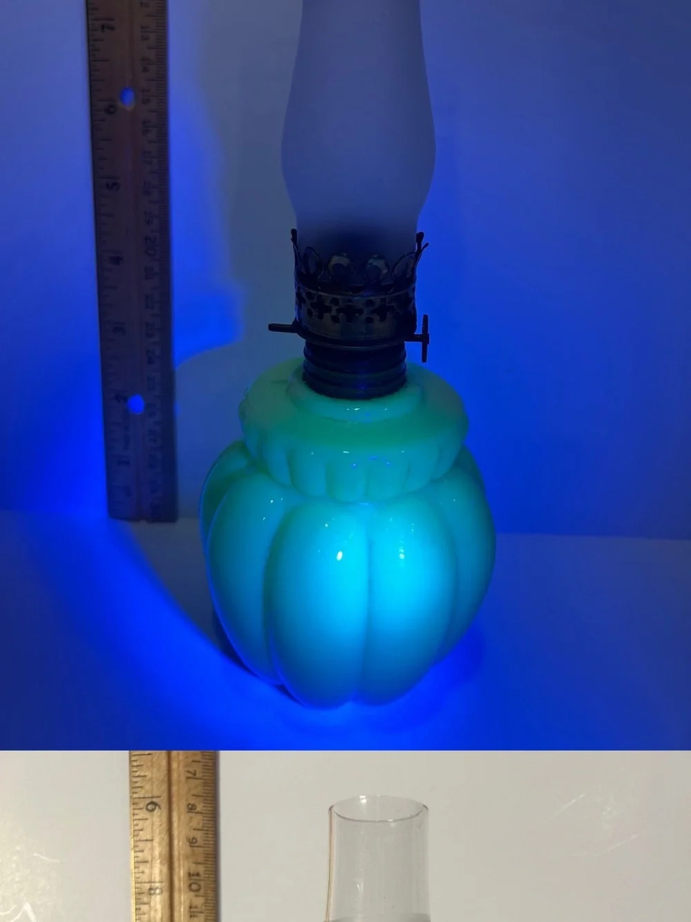 🌿Rare Antique (Glows) “Custard Glass” Oil Lamp with Brass Accents